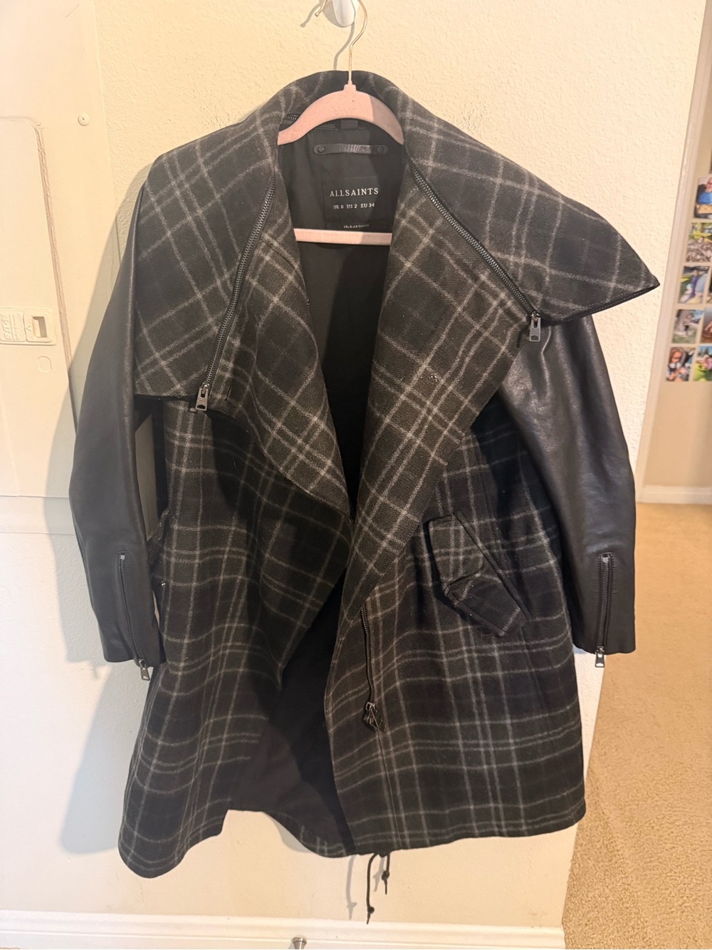 AllSaints Della Parka US 2 Wool Plaid Lamb Leather Sleeve Fishtail Coat
